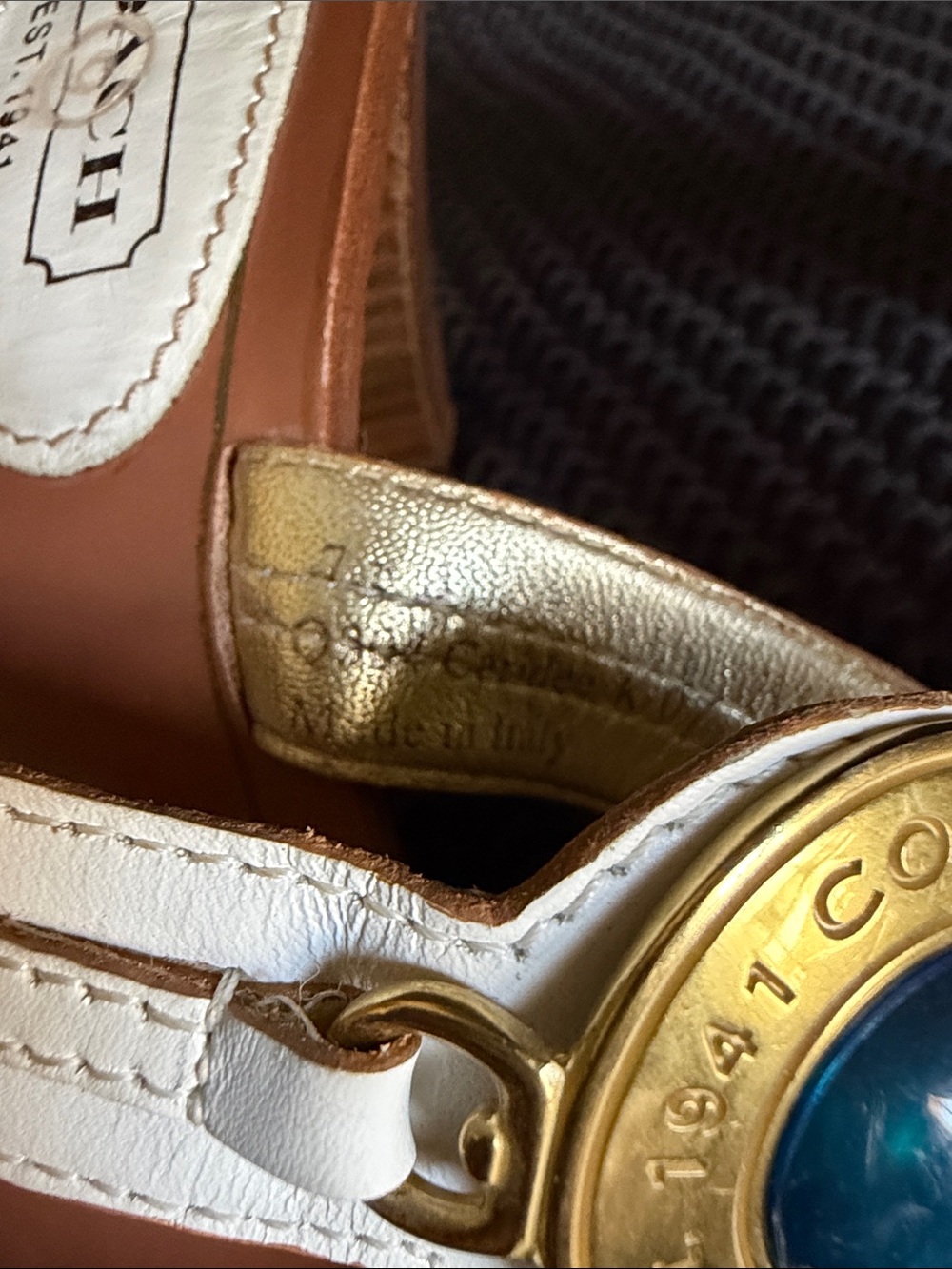 Coach Gold Leather Thong Sandals with Blue Medallion - Picture 7 of 7